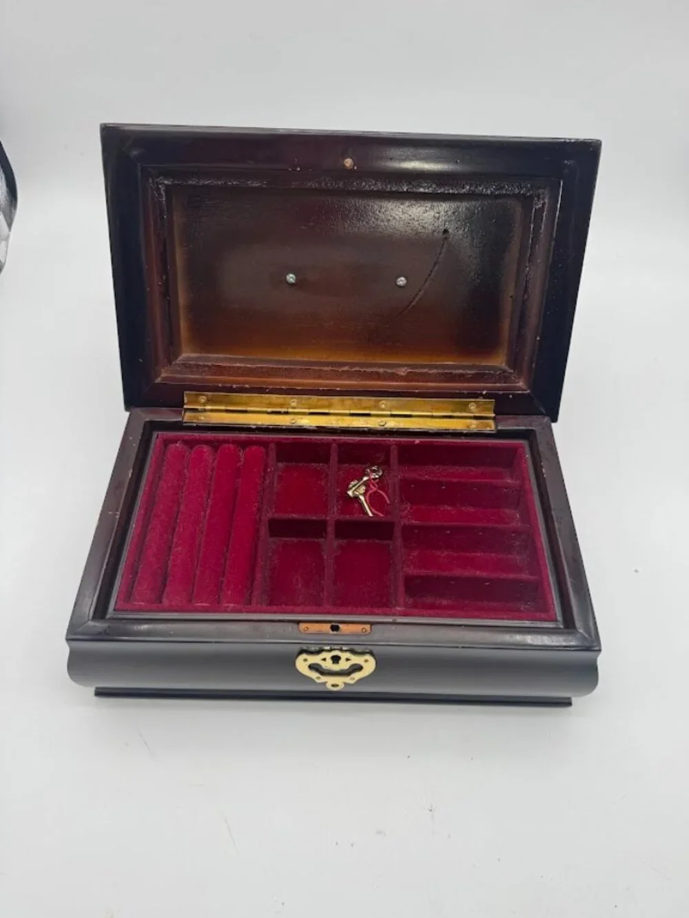 Vintage Mahogany Lacquer Jewelry Box Brass Lock Keys Velvet Lined 12in